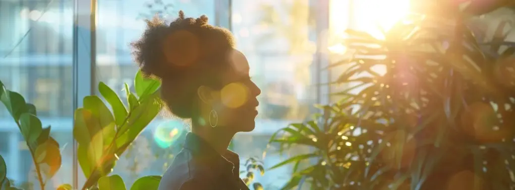 A woman stands by a sunlit window, basking in the warm glow of sunlight streaming through the glass.